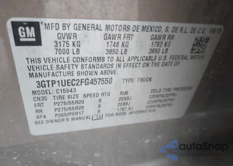 2015 GMC Sierra 1500 Sle z USA, uszkodzony, nr VIN 3GTP1UEC2FG457550